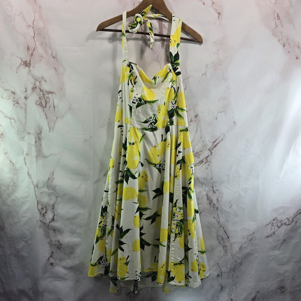 ModCloth Dress Womens Large 12 White Lemon Fruit Tank Pin Up Midi Hearts Roses